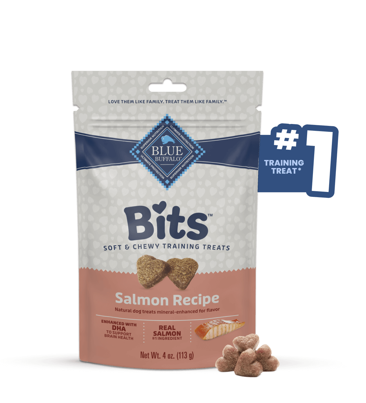 Blue Buffalo Bits Soft & Chewy Training Treats Savory Salmon Recipe dog treats bites, ideal for training, featuring bite-sized pieces for rewarding your pet.