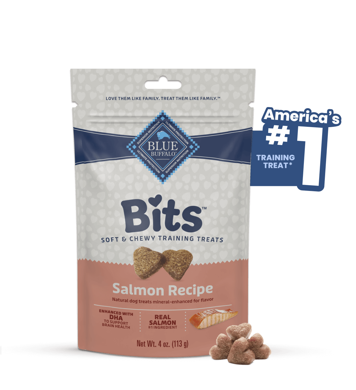 A bag of Bits Salmon Recipe dog treats with a label stating "America's #1 Training Treat.