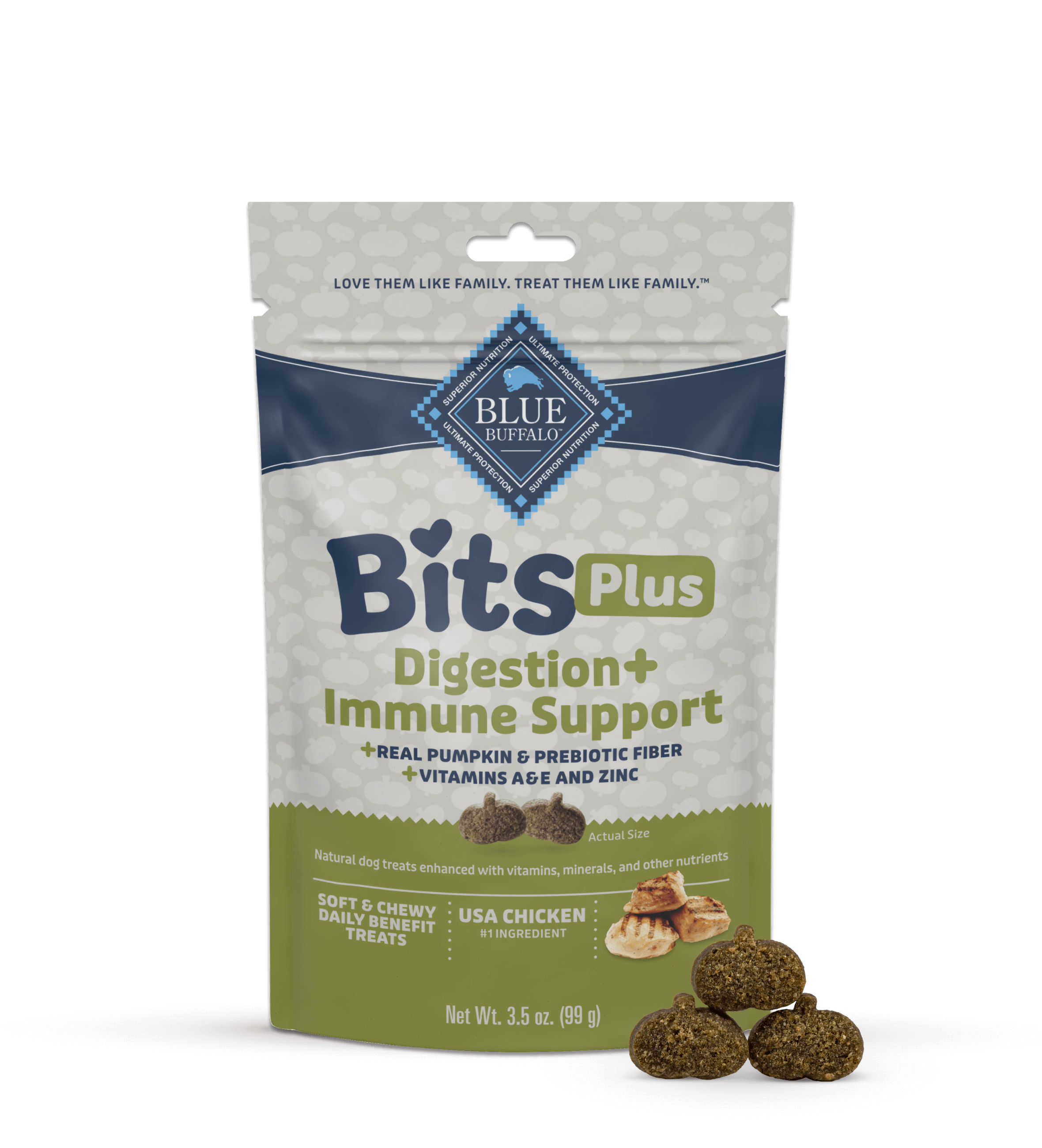 A package of BLUE Bits Plus Digestion + Immune Support soft and chewy dog training treats with a few pumpkin-shaped treats neatly stacked in front.