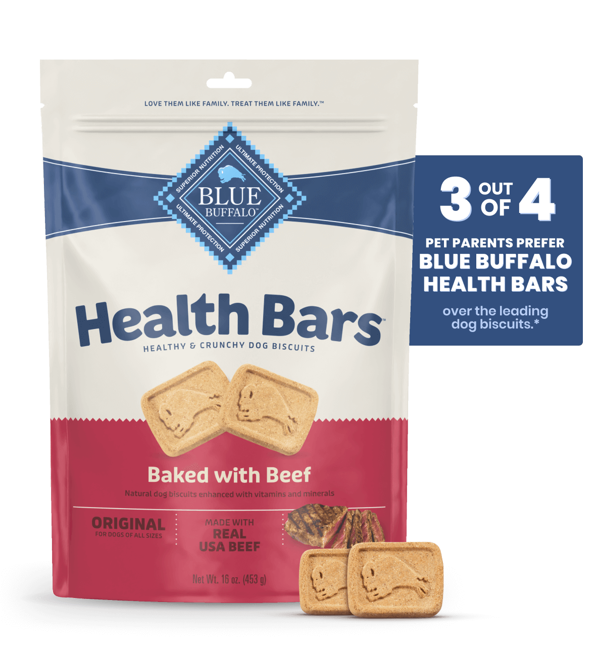 A bag of Health Bars baked with beef dog treats, featuring a "3 out of 4 prefer" label.