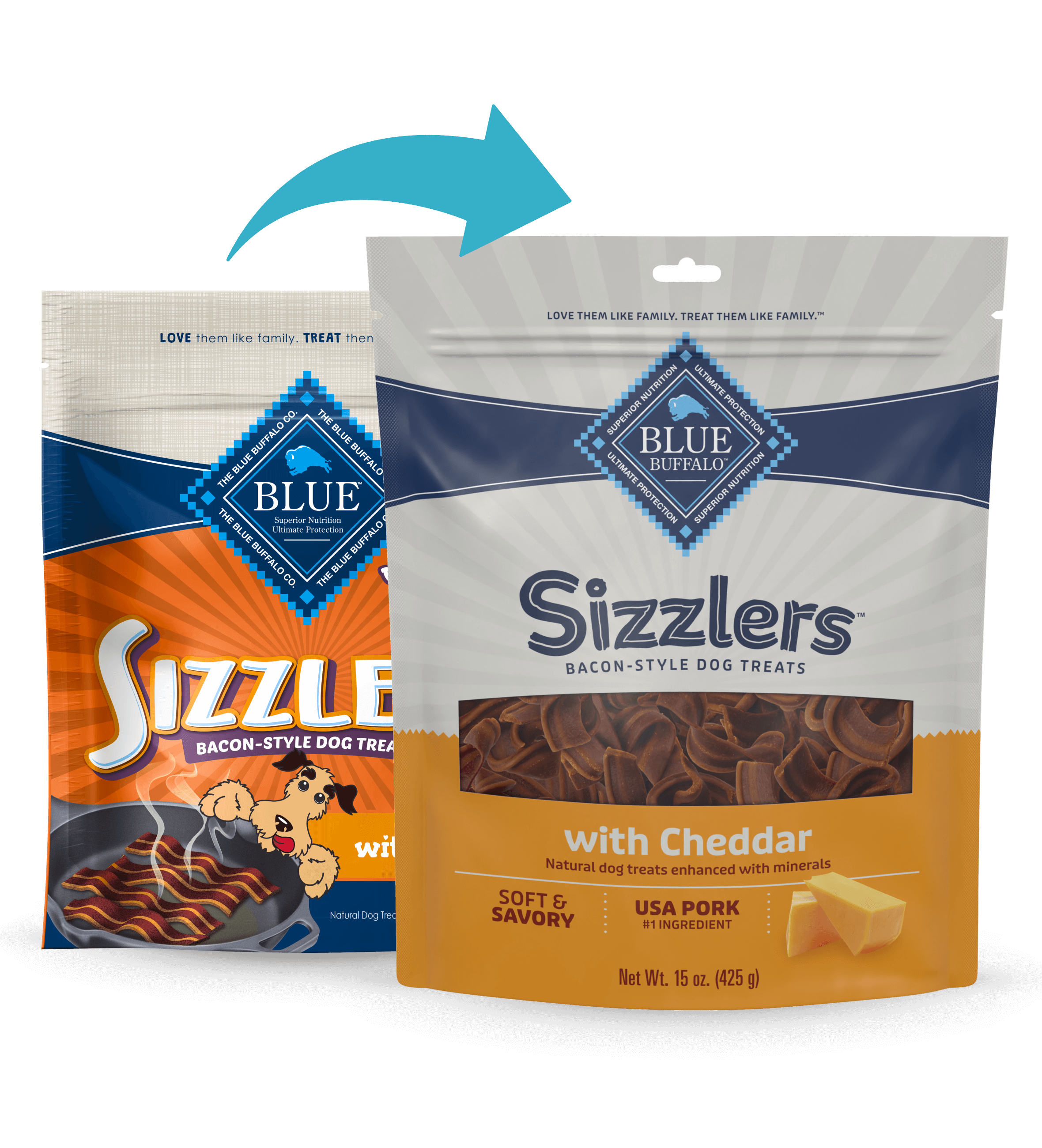 A bag of BLUE Sizzlers Bacon-Style Dog Treats Cheddar Recipe