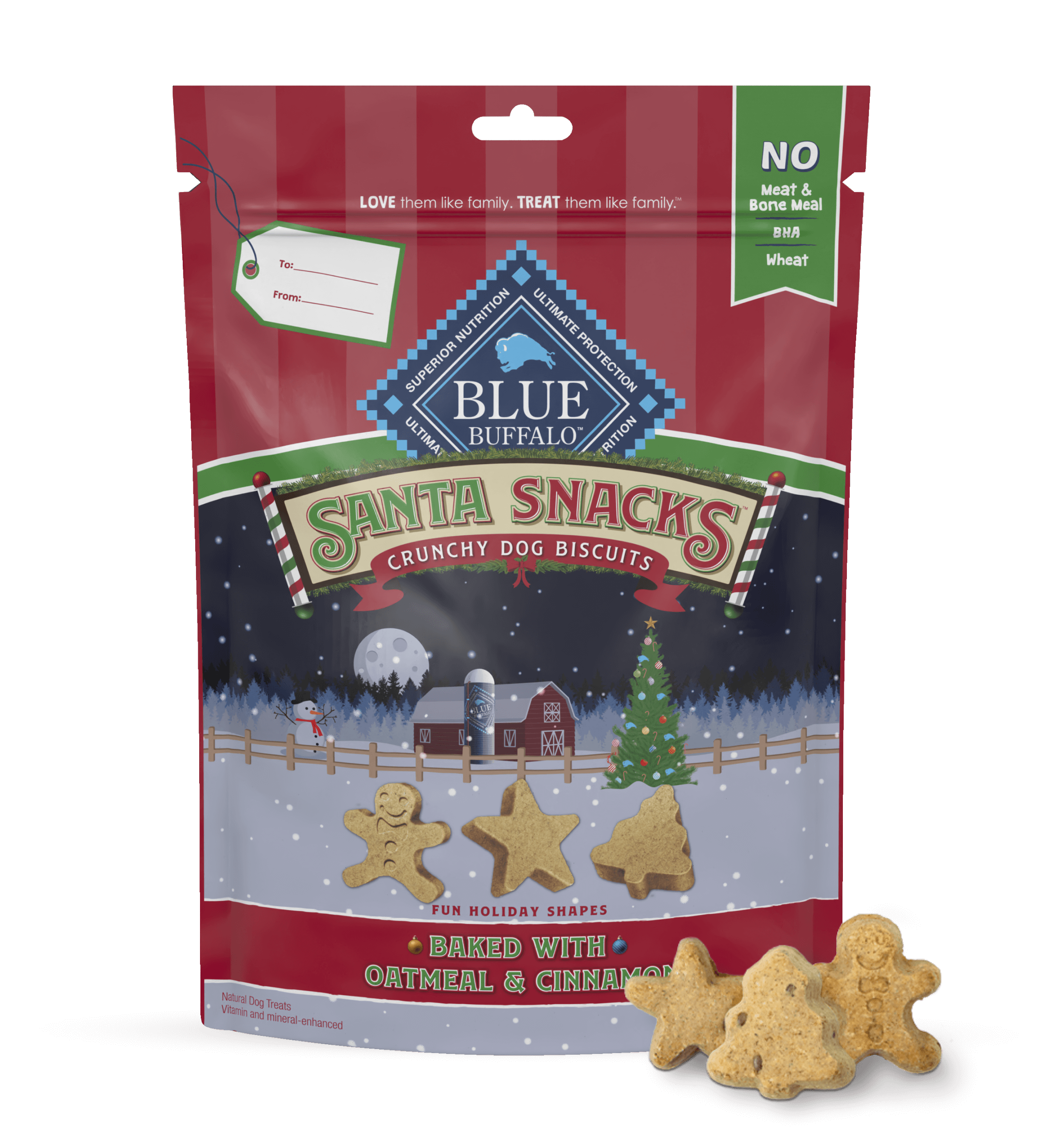 A pack of BLUE Santa Snacks Crunchy Biscuits is behind a few Santa Snacks Biscuits in shapes of a star, a Christmas tree and a gingerbread man.