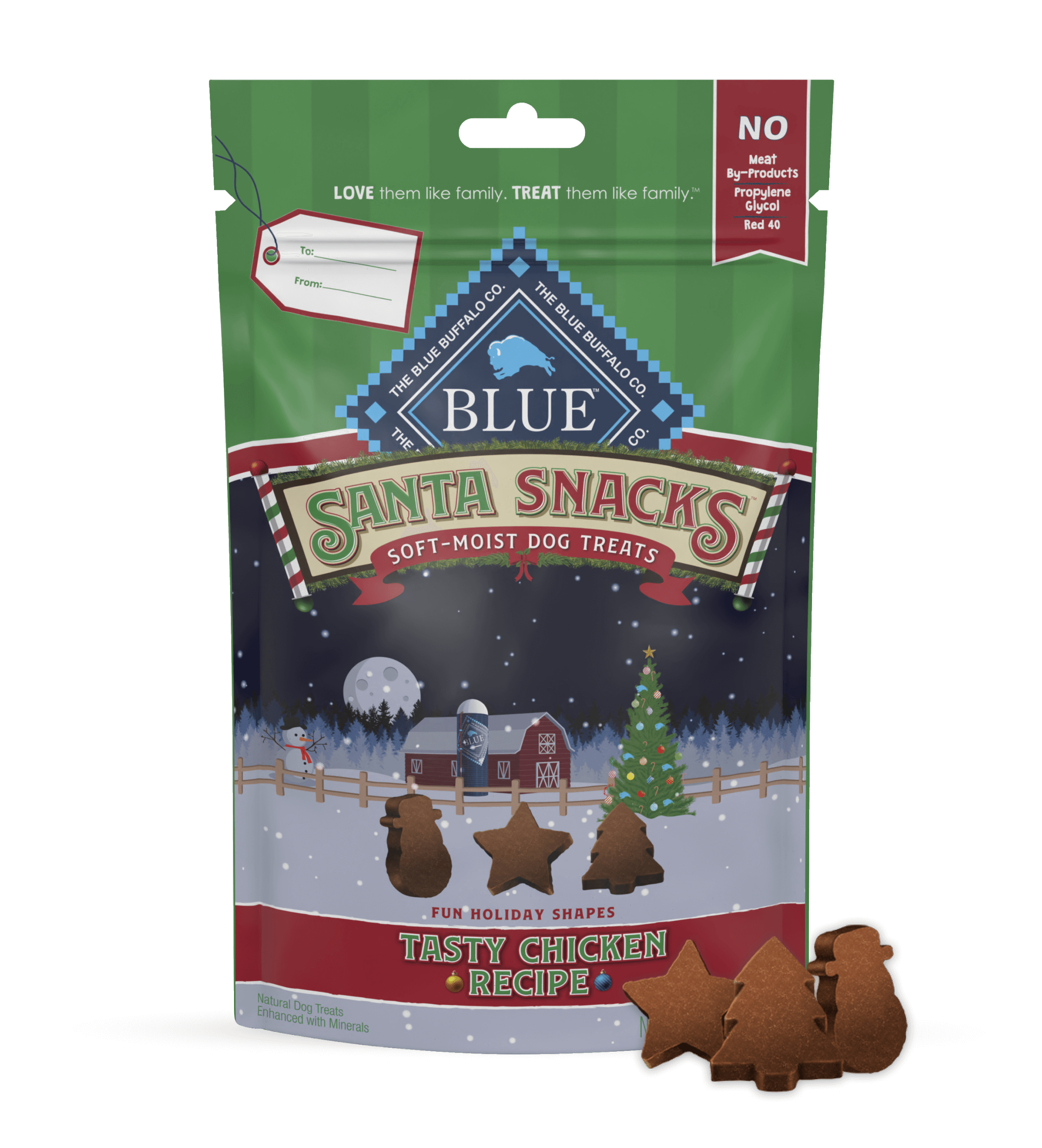 A pack of BLUE Santa Snacks Bits is behind a few Santa Snacks Bits in shapes of a star, a Christmas tree and a snowman.