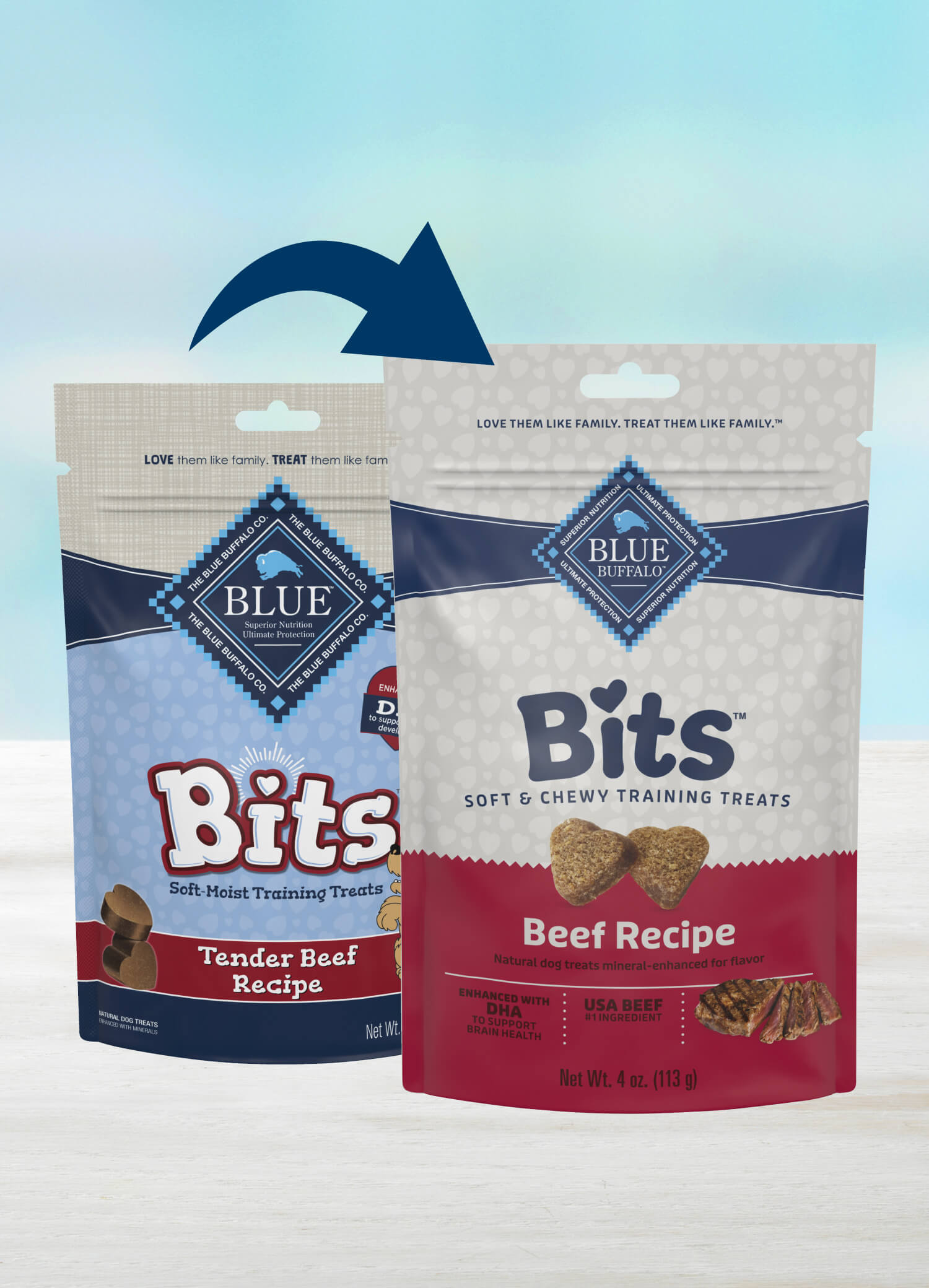 Blue Buffalo Bits Tender Beef Soft and Chewy Training Treats dog treats soft in new packshot bags, highlighting the packaging transition.