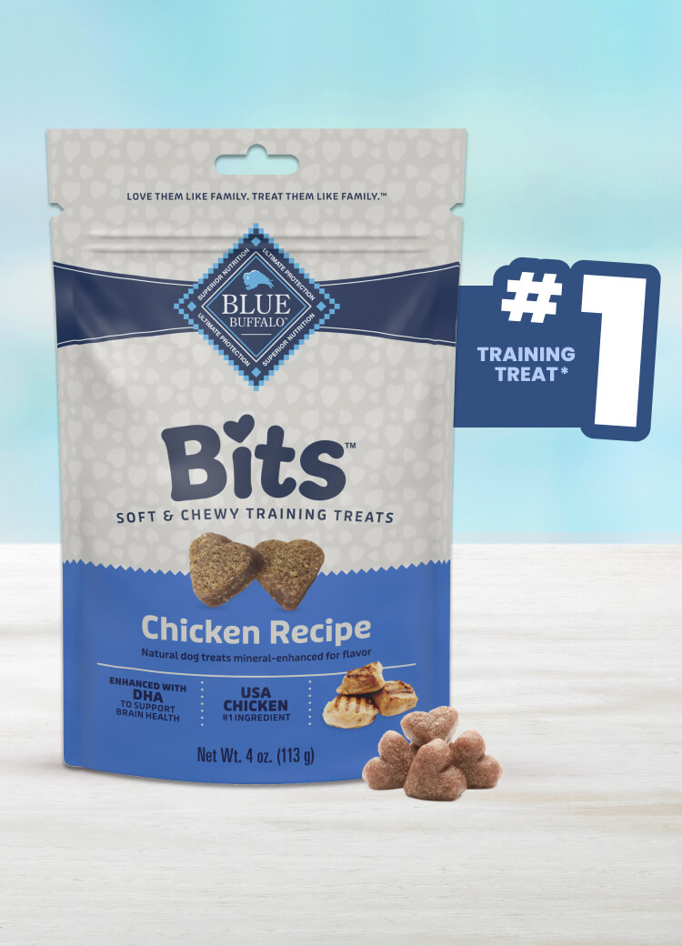 Blue Buffalo Bits Tasty Chicken Soft & Chewy Training Treats, #1 choice for training treats, providing tasty bites for rewarding your dog.