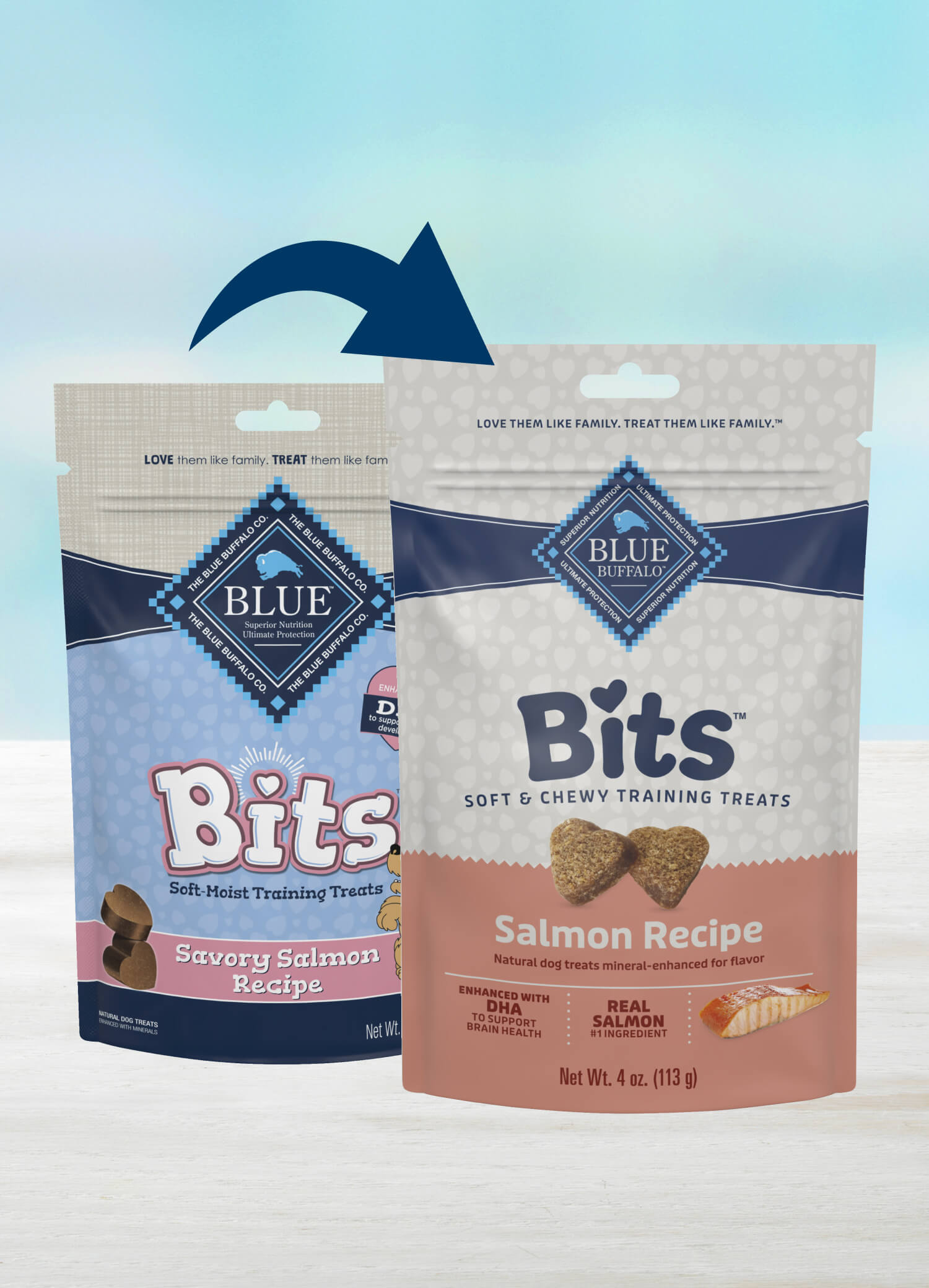Blue Buffalo Bits Soft & Chewy Training Treats Savory Salmon Recipe dog treats bites in new packshot bags, highlighting the packaging transition.