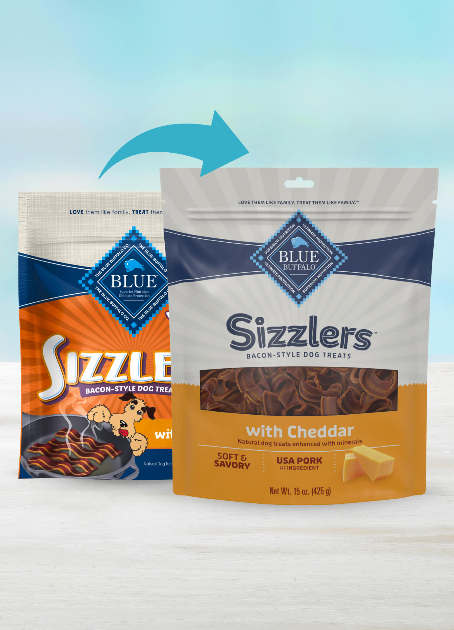 A bag of BLUE Sizzlers Bacon-Style Dog Treats Cheddar Recipe