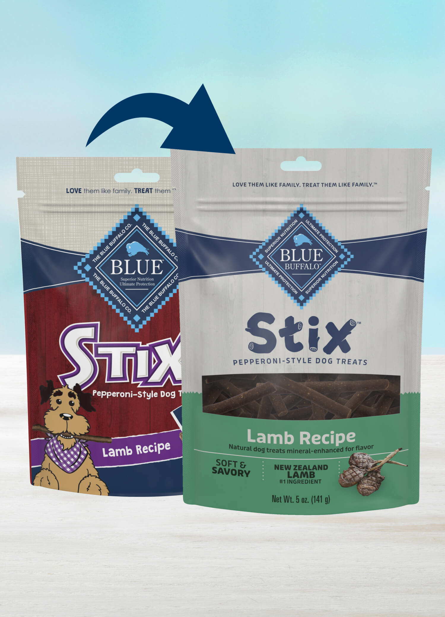 A bag of BLUE Stix Pepperoni-Style Dog Treats Lamb Recipe dog food