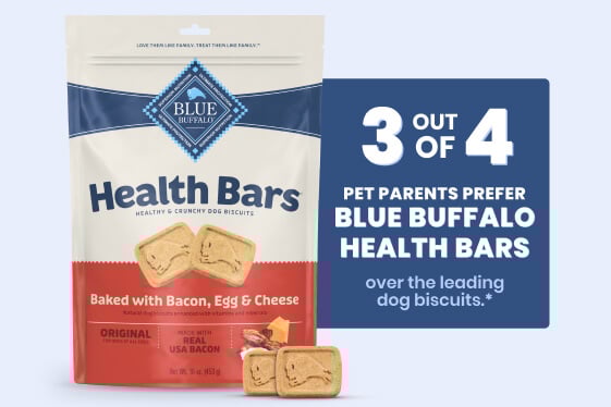 Health Bars dog treats package highlights a preference over leading dog biscuits.
