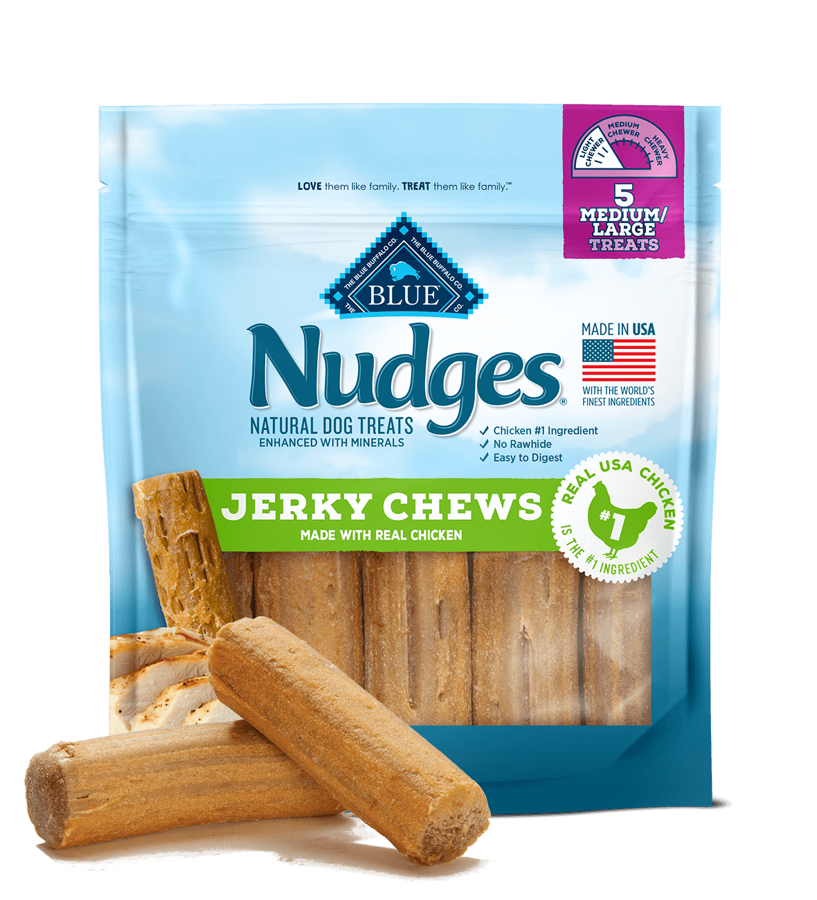 blue nudges ® medium/large rawhide-free chicken jerky chews dog treats