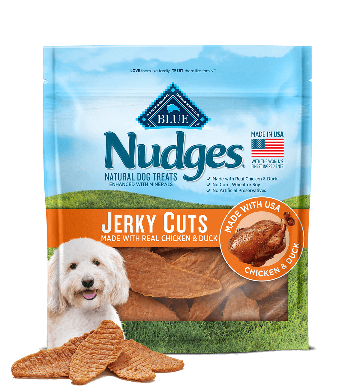blue nudges ® protein-packed chicken & duck jerky cuts dog treats