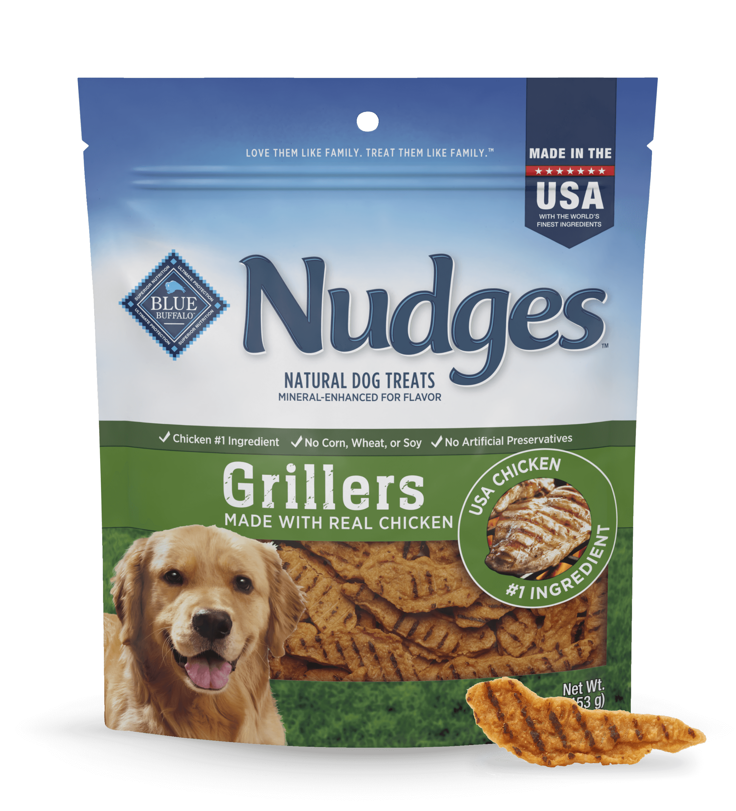 blue nudges deliciously charred real chicken grillers dog treats