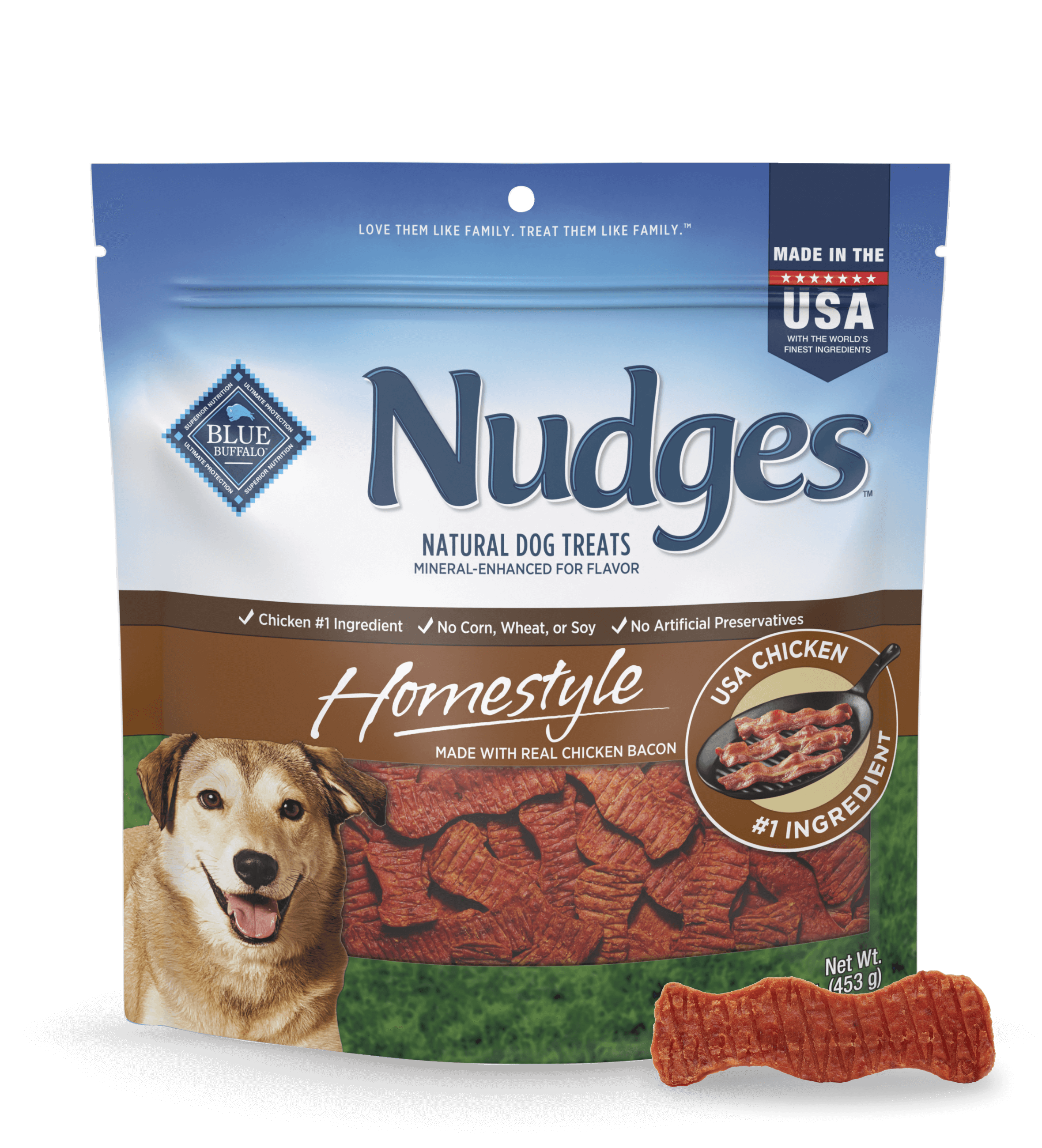 blue nudges homestyle treats with real chicken bacon dog treats