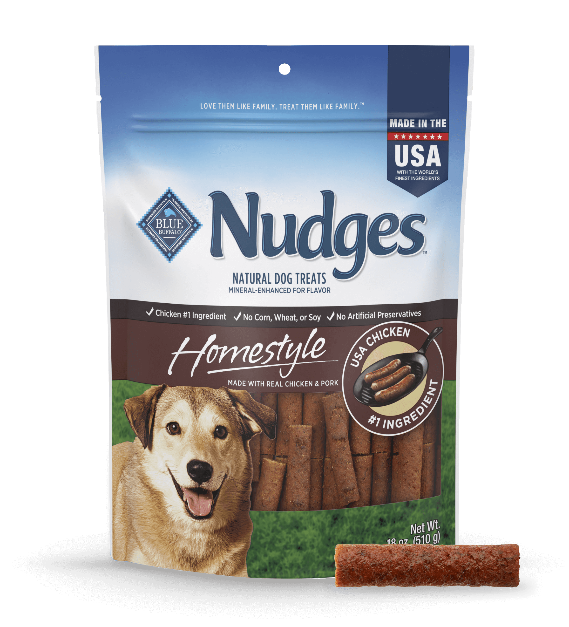 blue nudges homestyle treats with real chicken & pork sausage dog treats