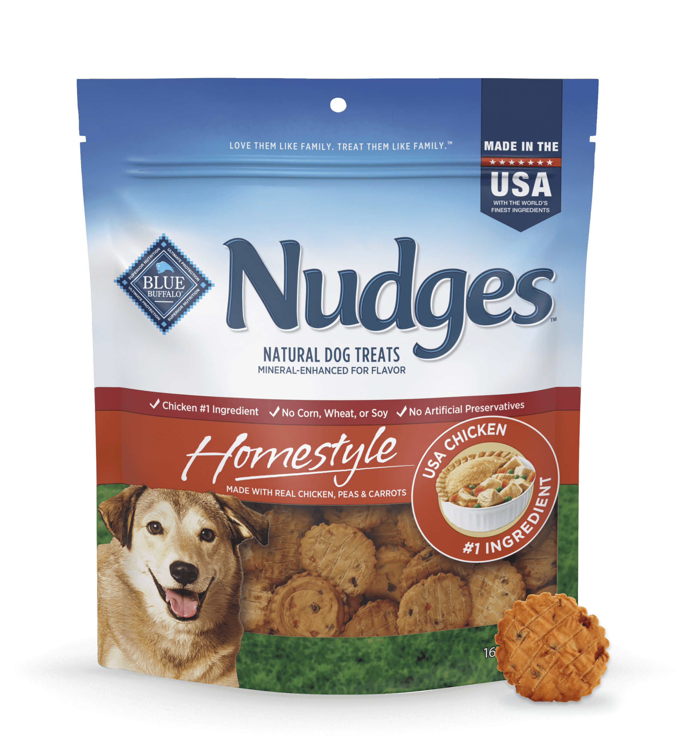 blue nudges homestyle treats with real chicken, peas & carrots dog treats