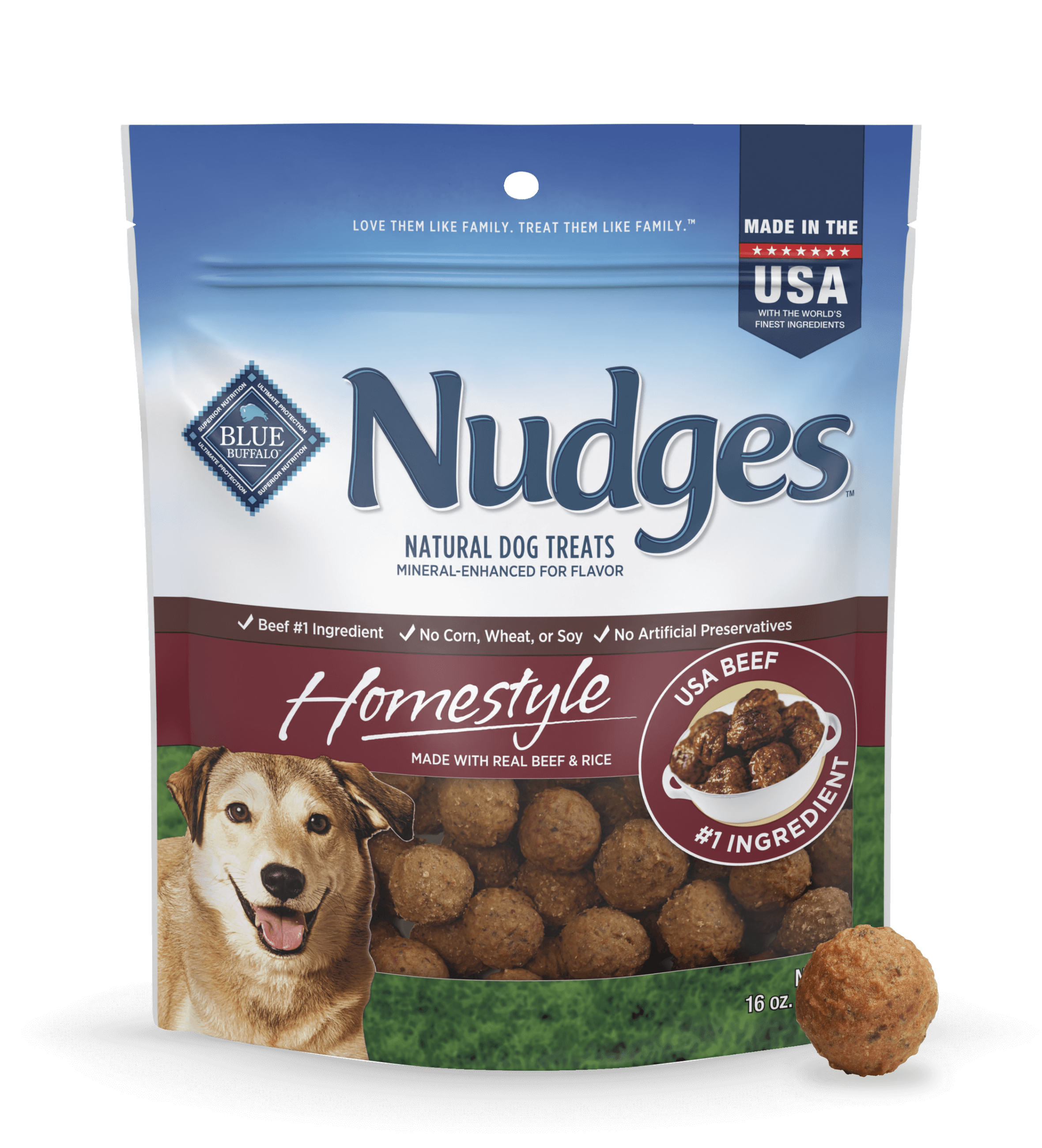 blue nudges homestyle treats with real beef dog treats