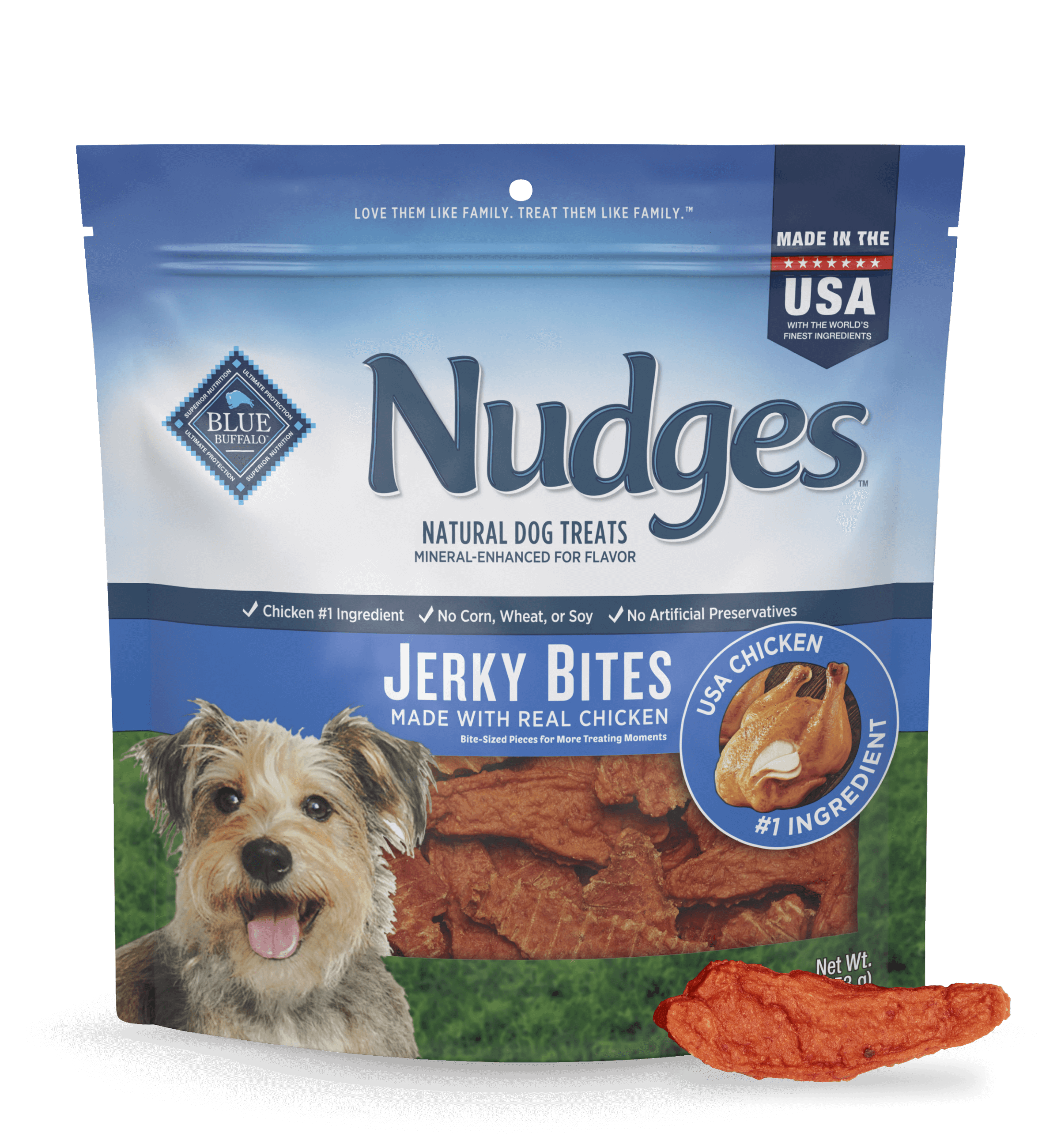 blue nudges soft, tasty chicken jerky bites dog treats