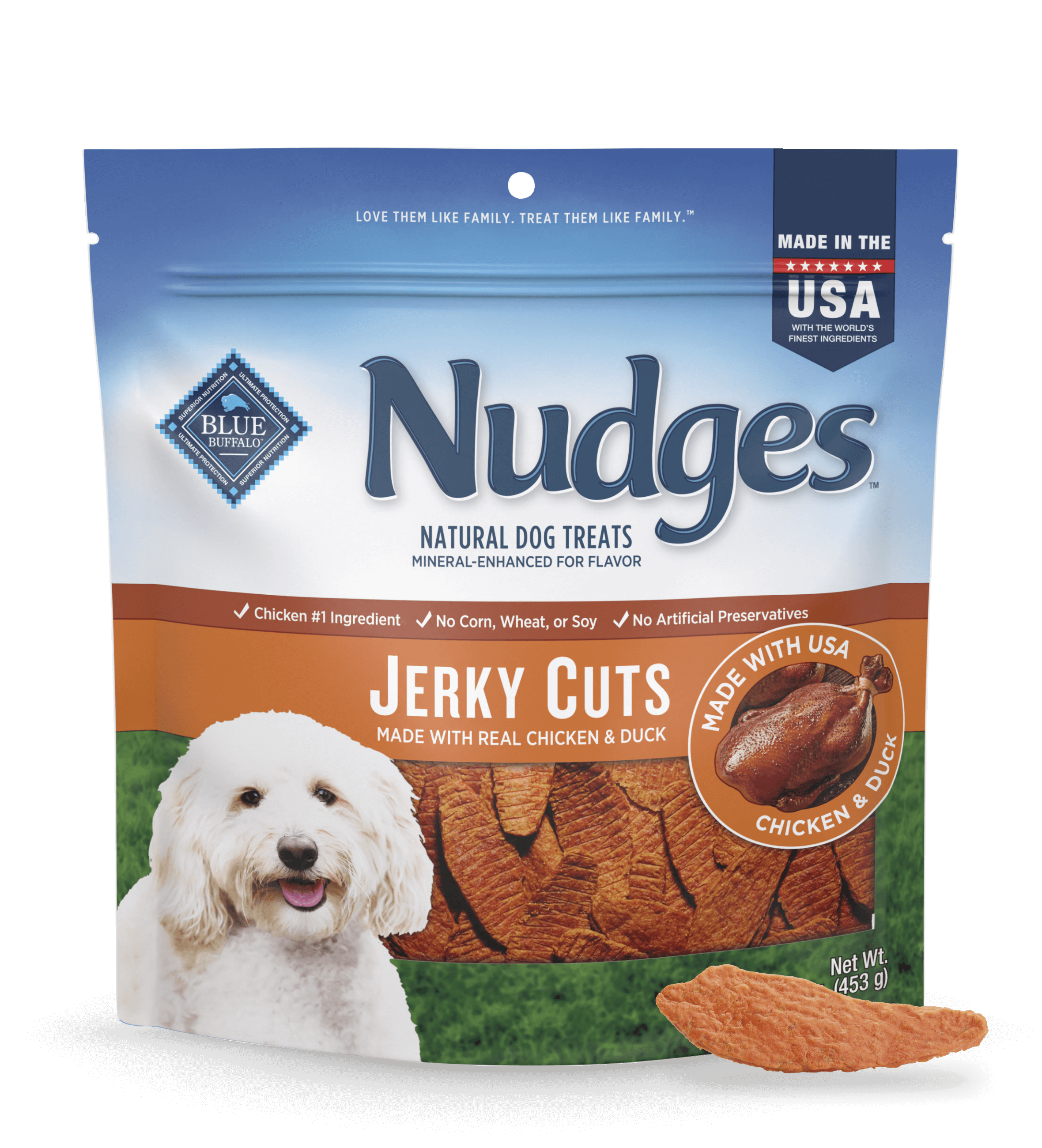 blue nudges protein-packed chicken & duck jerky cuts dog treats