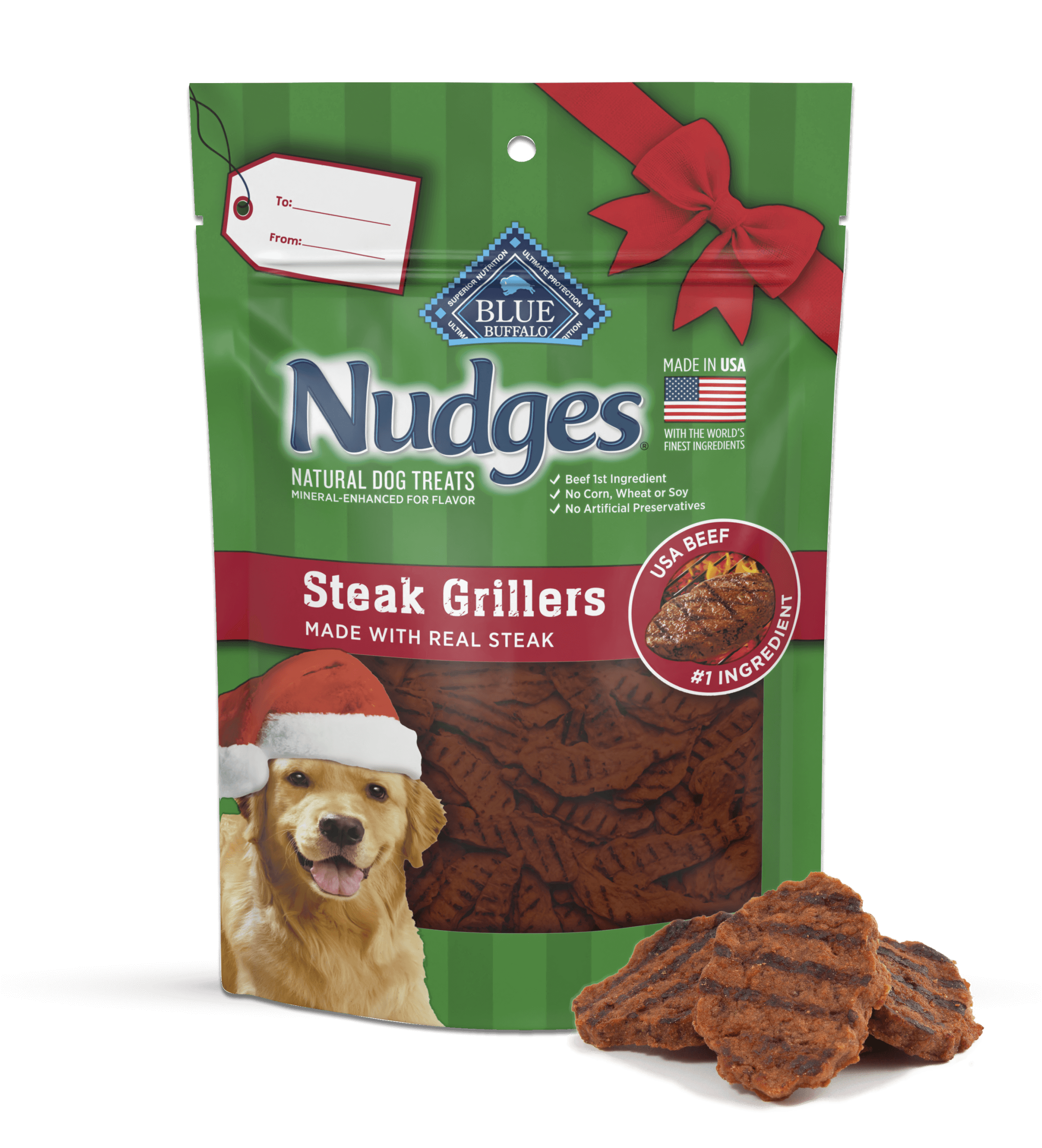 A holiday pack of BLUE Nudges Steak Grillers is behind a few loose Nudges Steak Grillers treats.