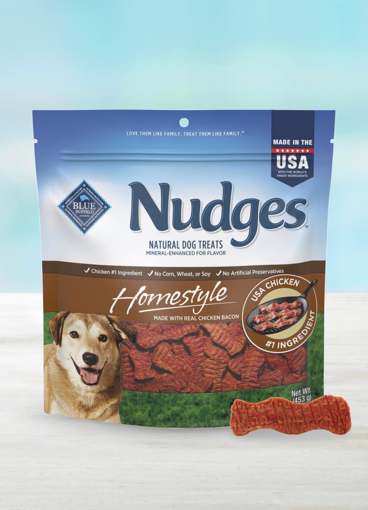 blue nudges homestyle treats with real chicken bacon dog treats