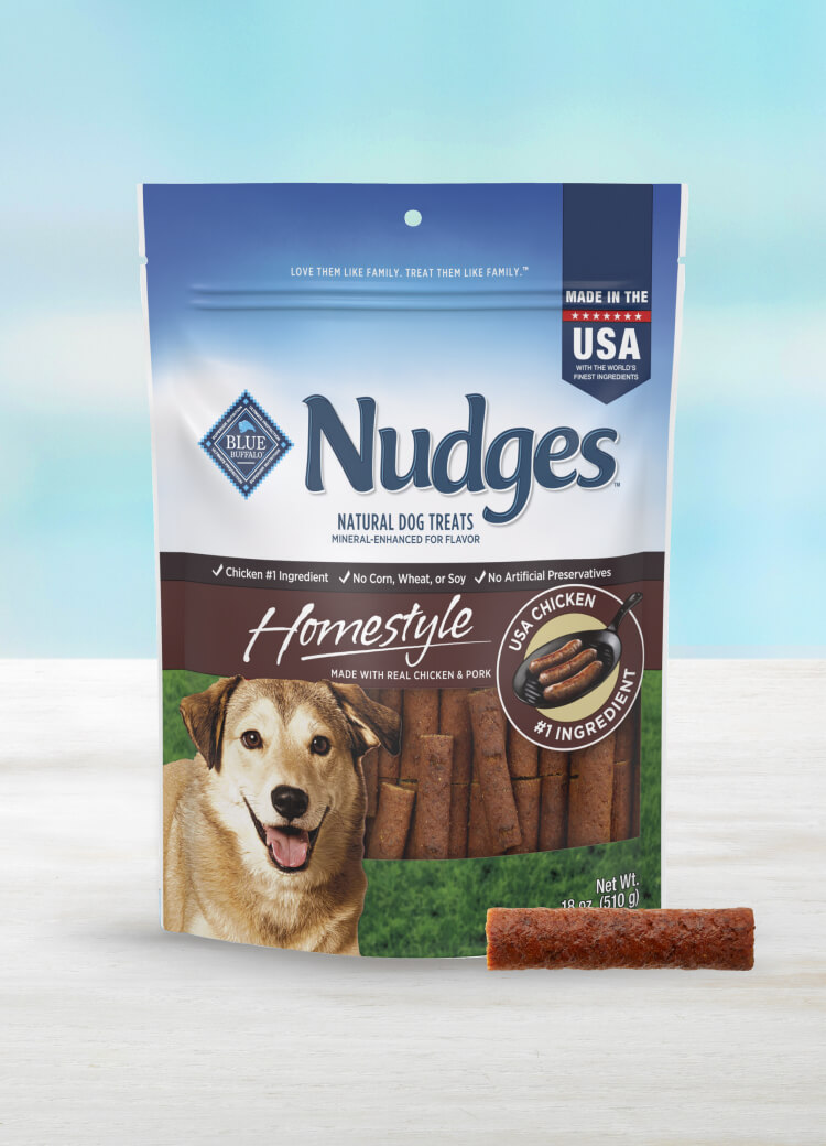 blue nudges homestyle treats with real chicken & pork sausage dog treats