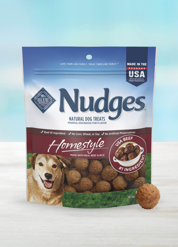 blue nudges homestyle treats with real beef dog treats