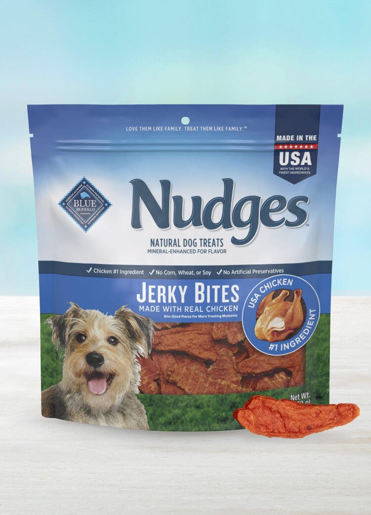 blue nudges soft, tasty chicken jerky bites dog treats