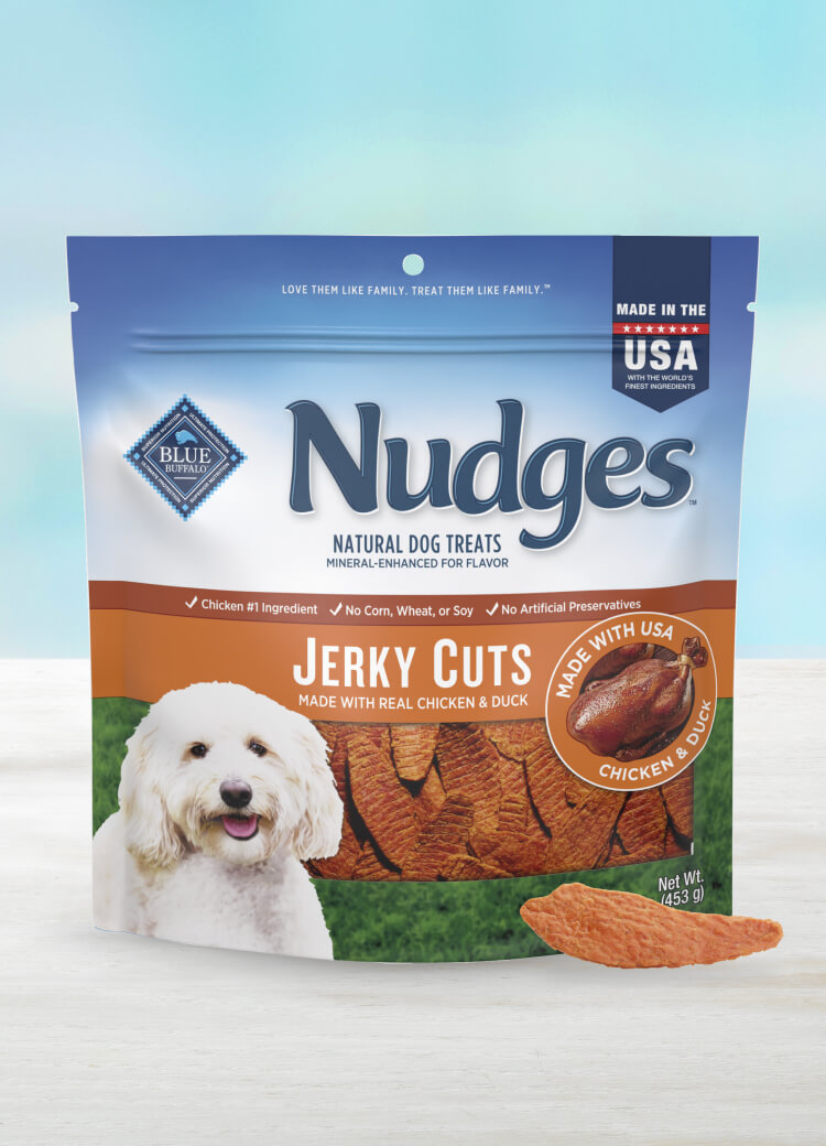 blue nudges protein-packed chicken & duck jerky cuts dog treats