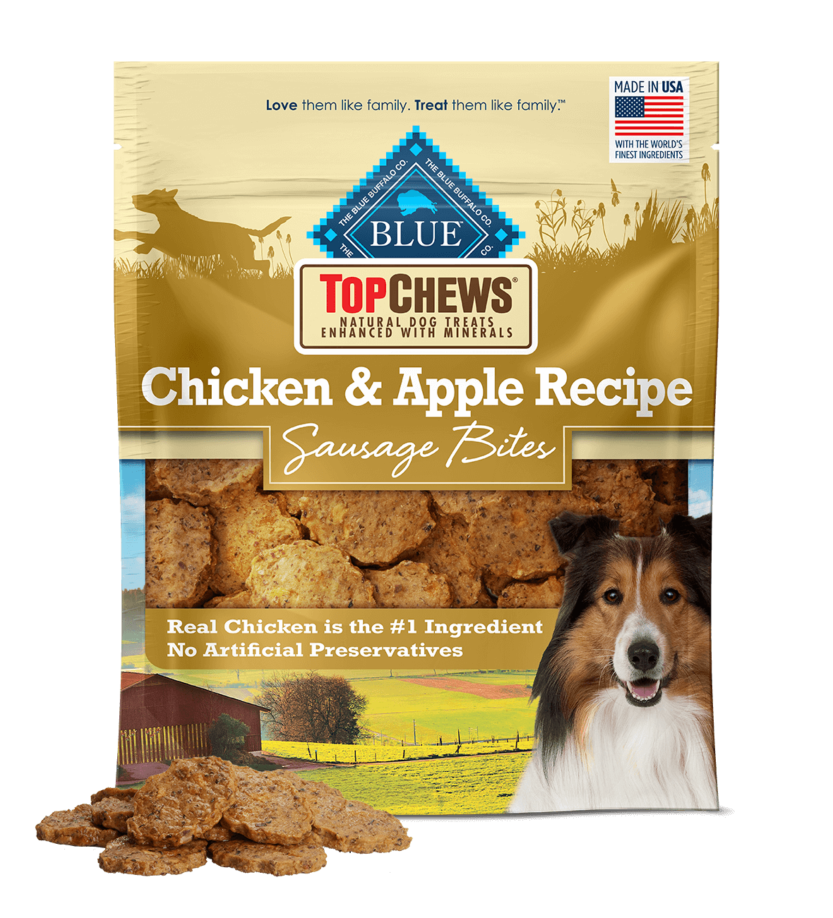blue top chews ® delicious real chicken & apple sausage bites dog treats
