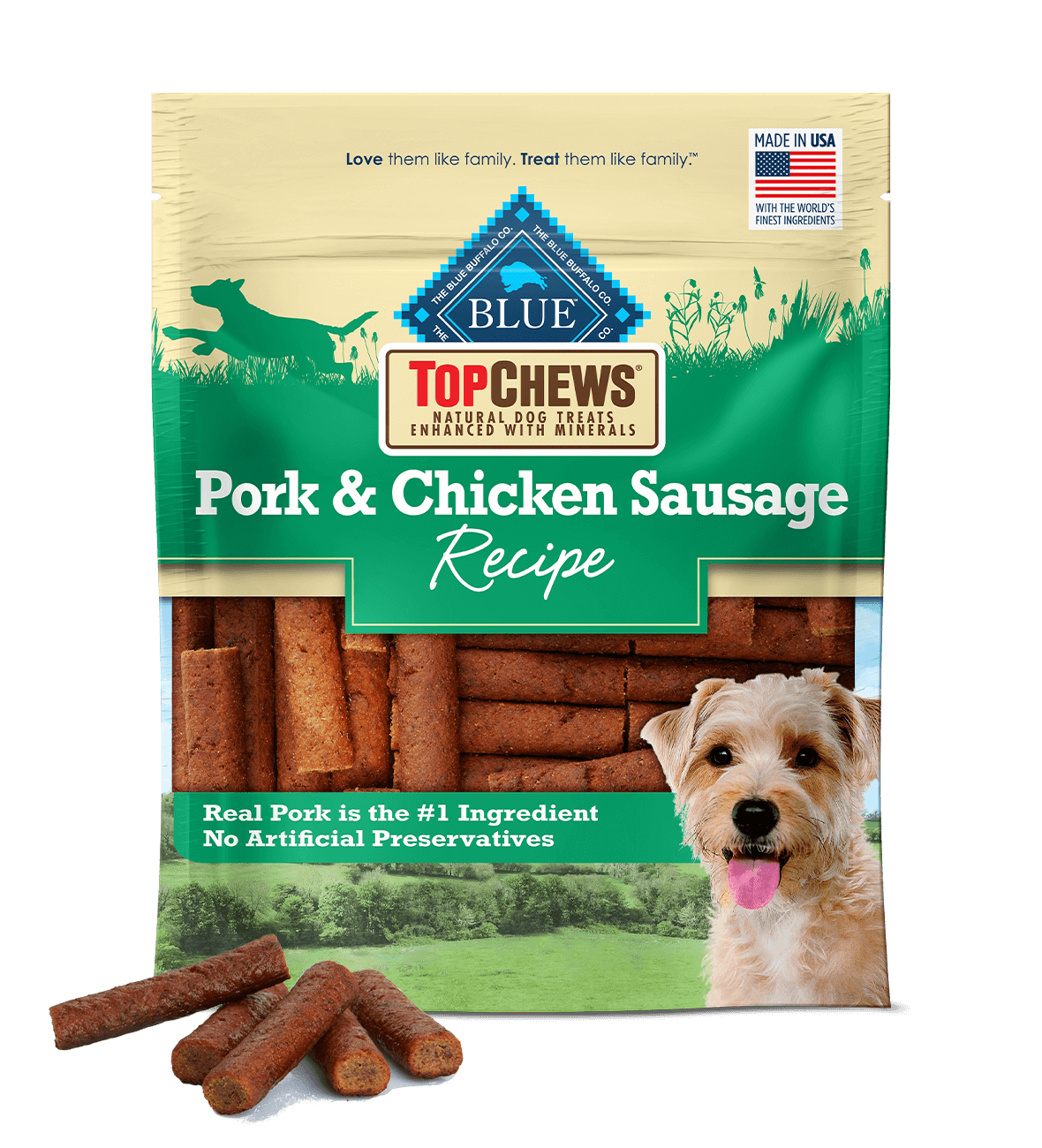 blue top chews ® tasty sausage treats with real pork & chicken dog treats