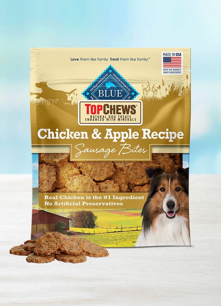 BLUE Top Chews Sausage Bites Dog Treats Chicken Apple