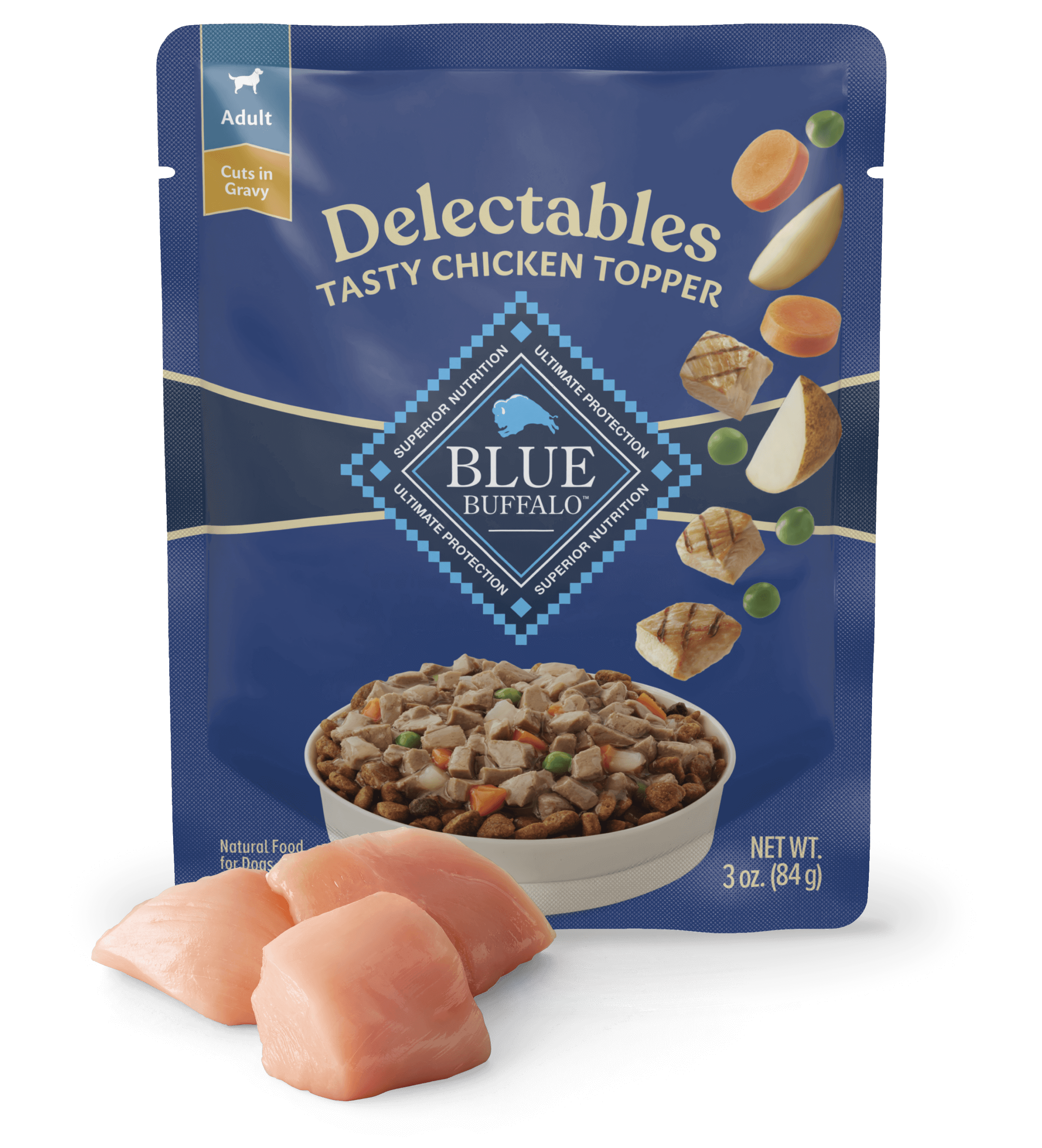 blue delectables chicken topper with garden vegetables in broth dog wet food