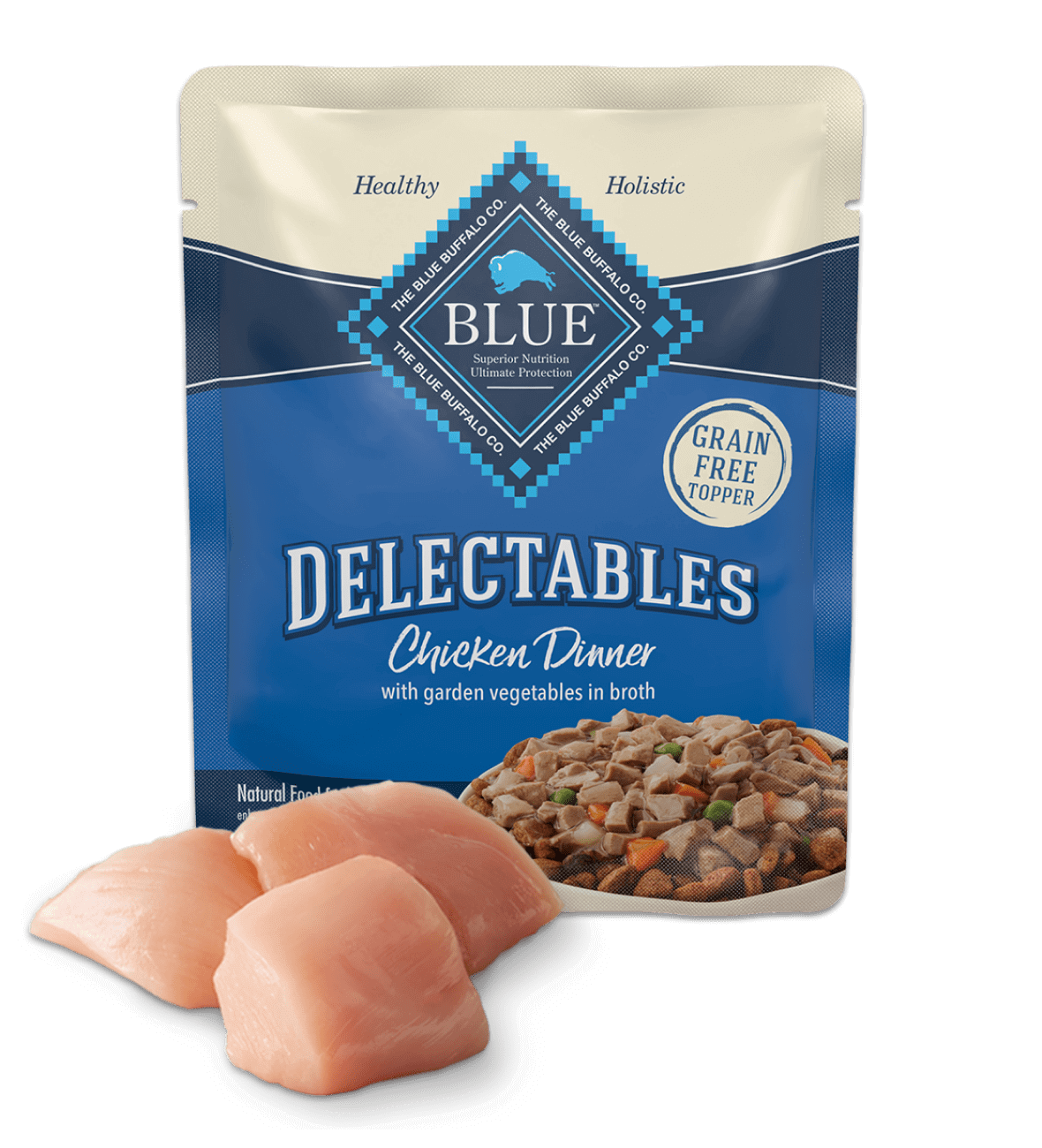 blue delectables chicken dinner with garden vegetables in broth dog wet food