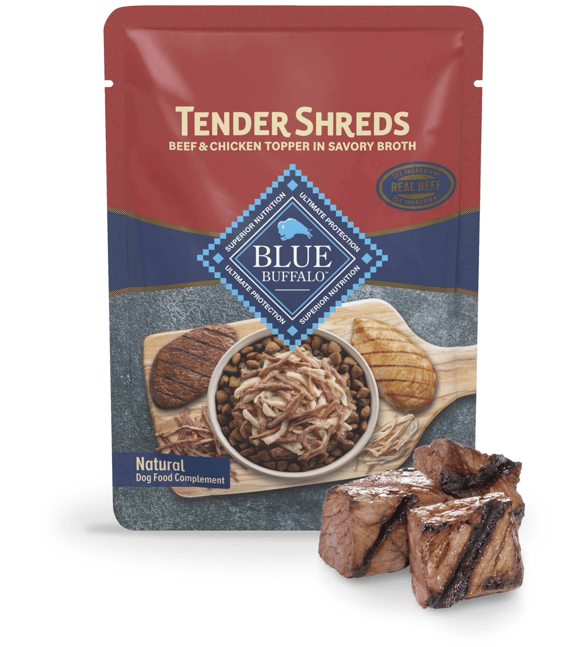 A pouch of Tender Shreds dog food