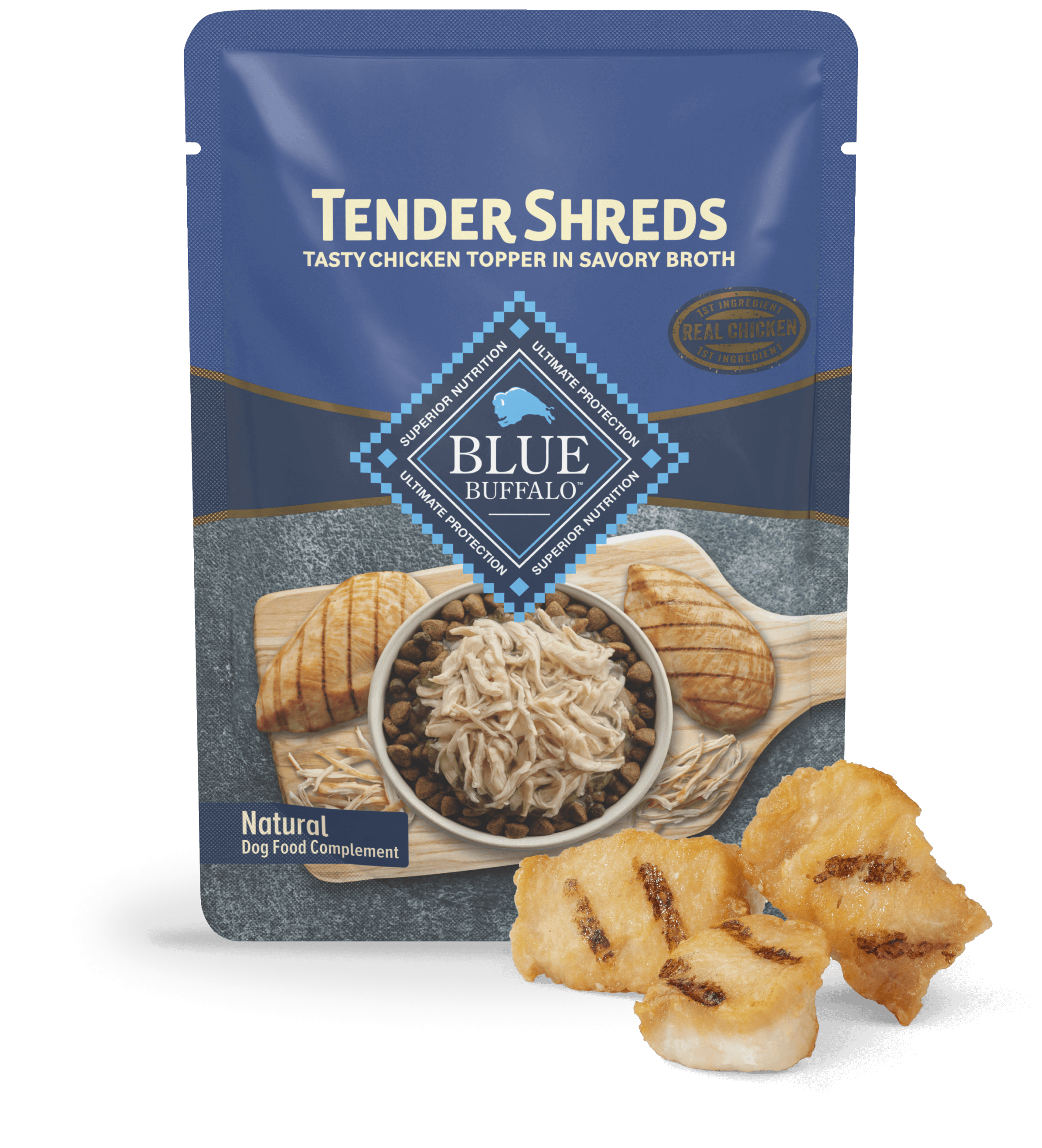 A pouch of Tender Shreds dog food