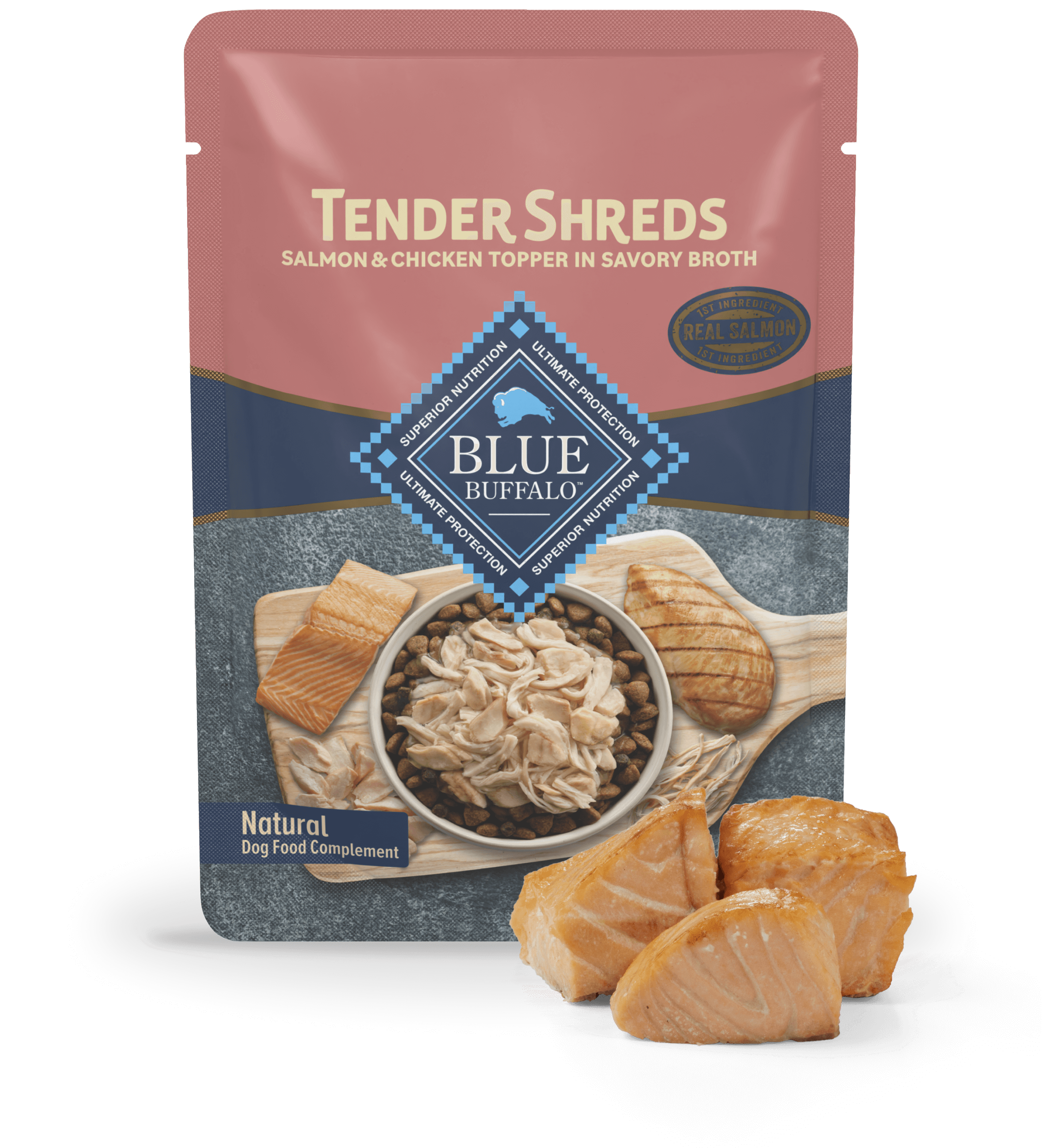 A pouch of Tender Shreds dog food