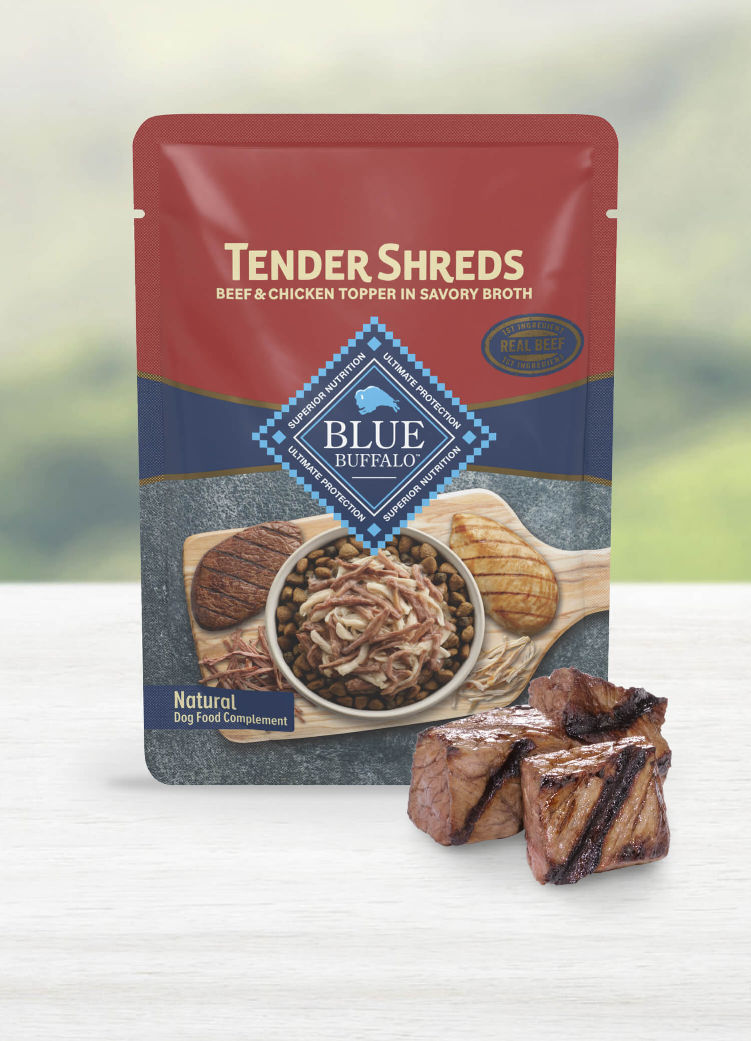 A pouch of Tender Shreds dog food