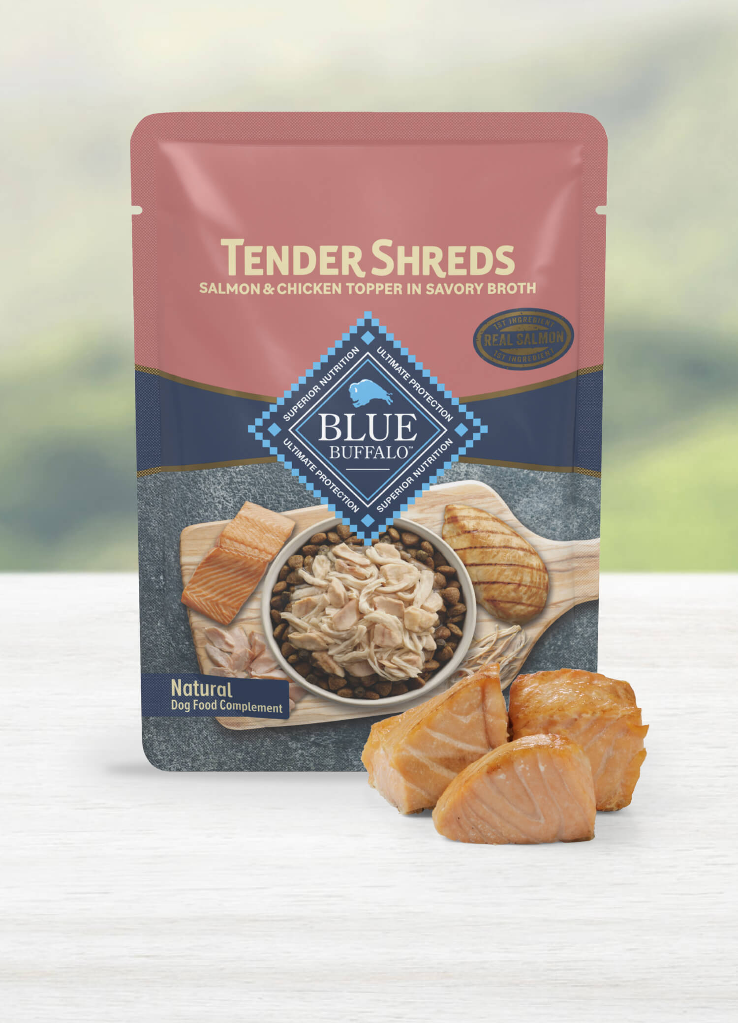 A pouch of Tender Shreds dog food