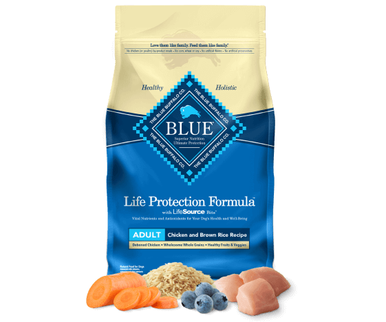Dog food bag labeled "Blue Life Protection Formula" with chicken, rice, carrot, and blueberry images.